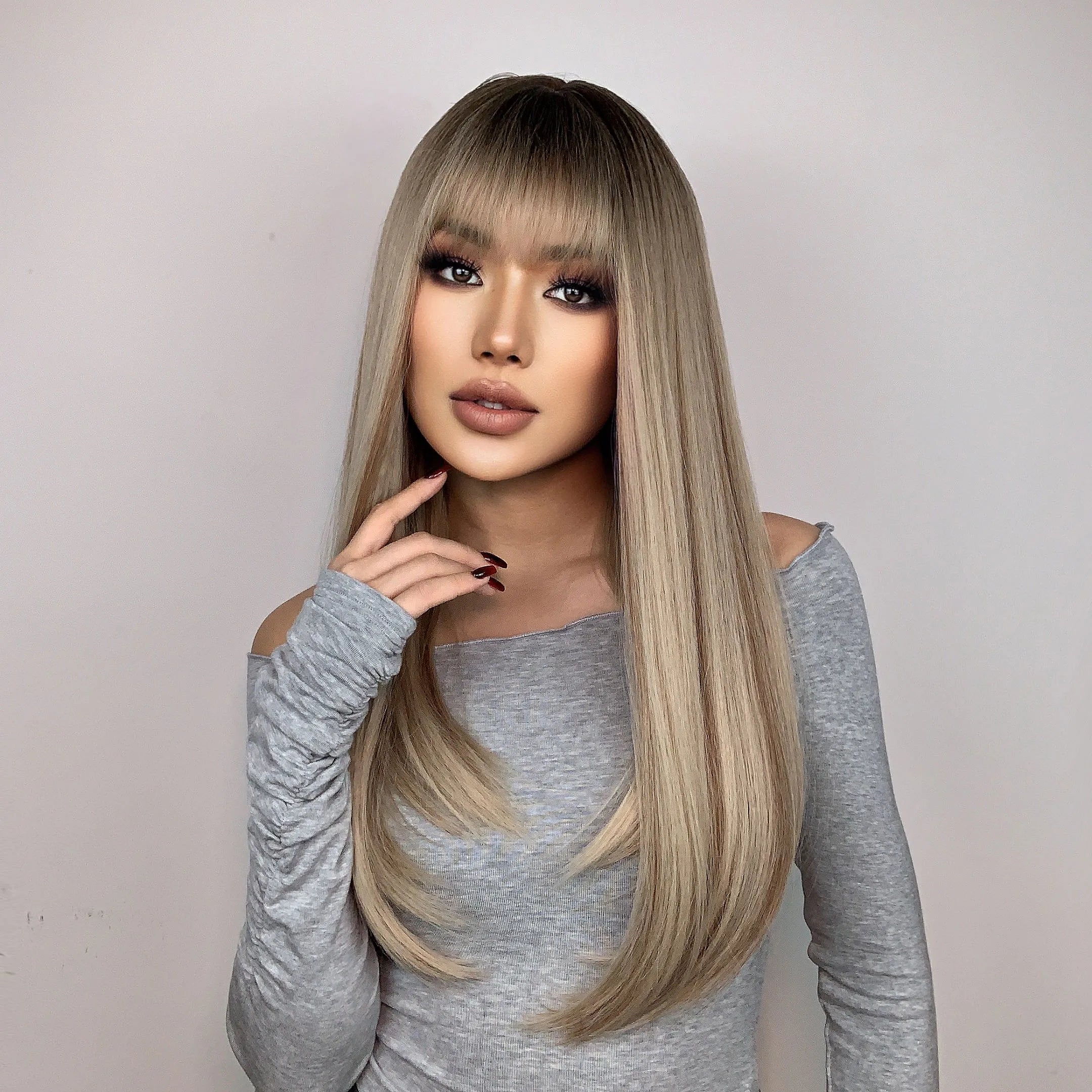 HENRY MARGU Long Straight Synthetic Wigs for Women Natural Brown Blonde Wig with Bangs Heat Resistant Cosplay Party Hair