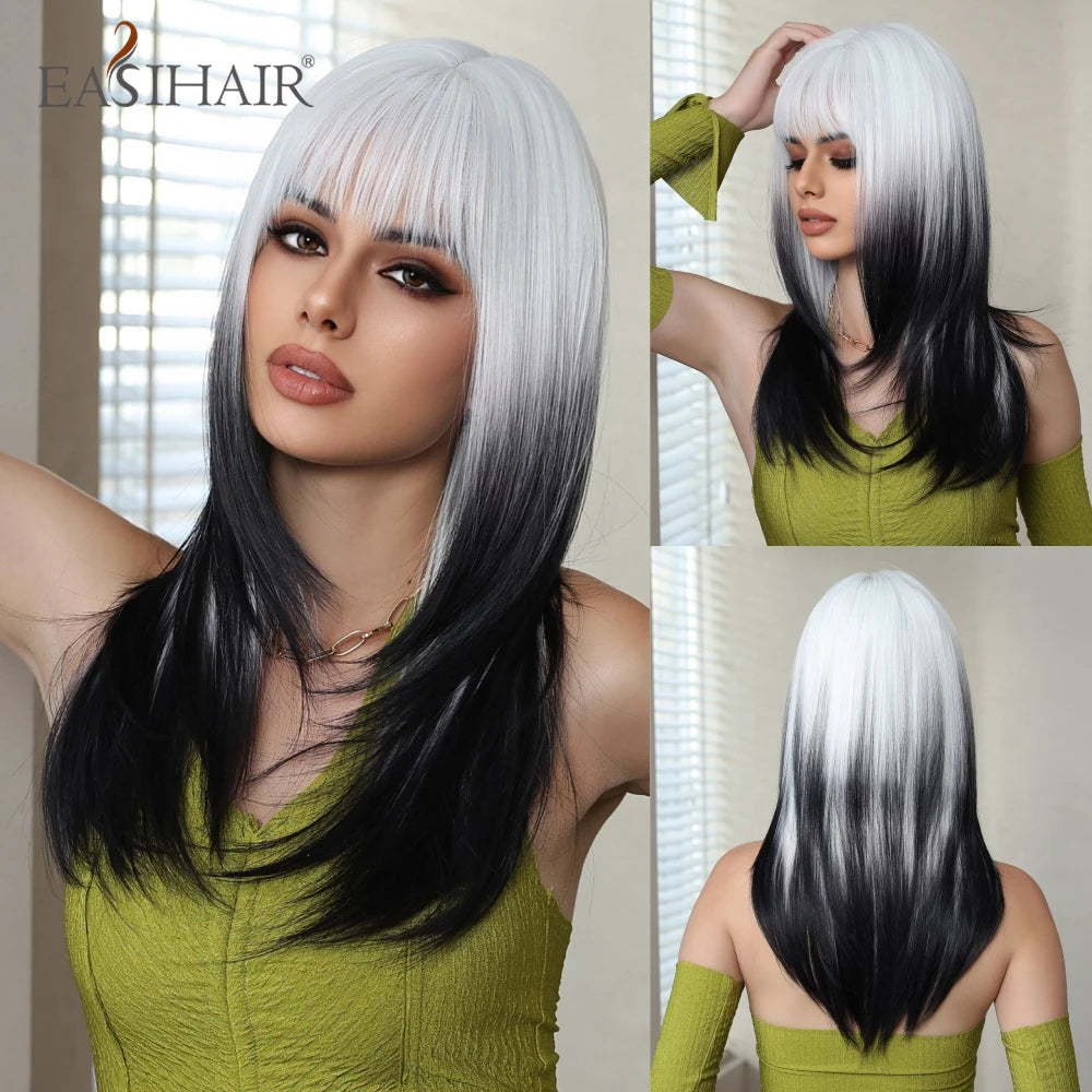 EASIHAIR Synthetic Layered Wig Ombre Gray Blonde Long Straight Women Hair Wigs with Bangs for Cosplay Party Daily Heat Resistant