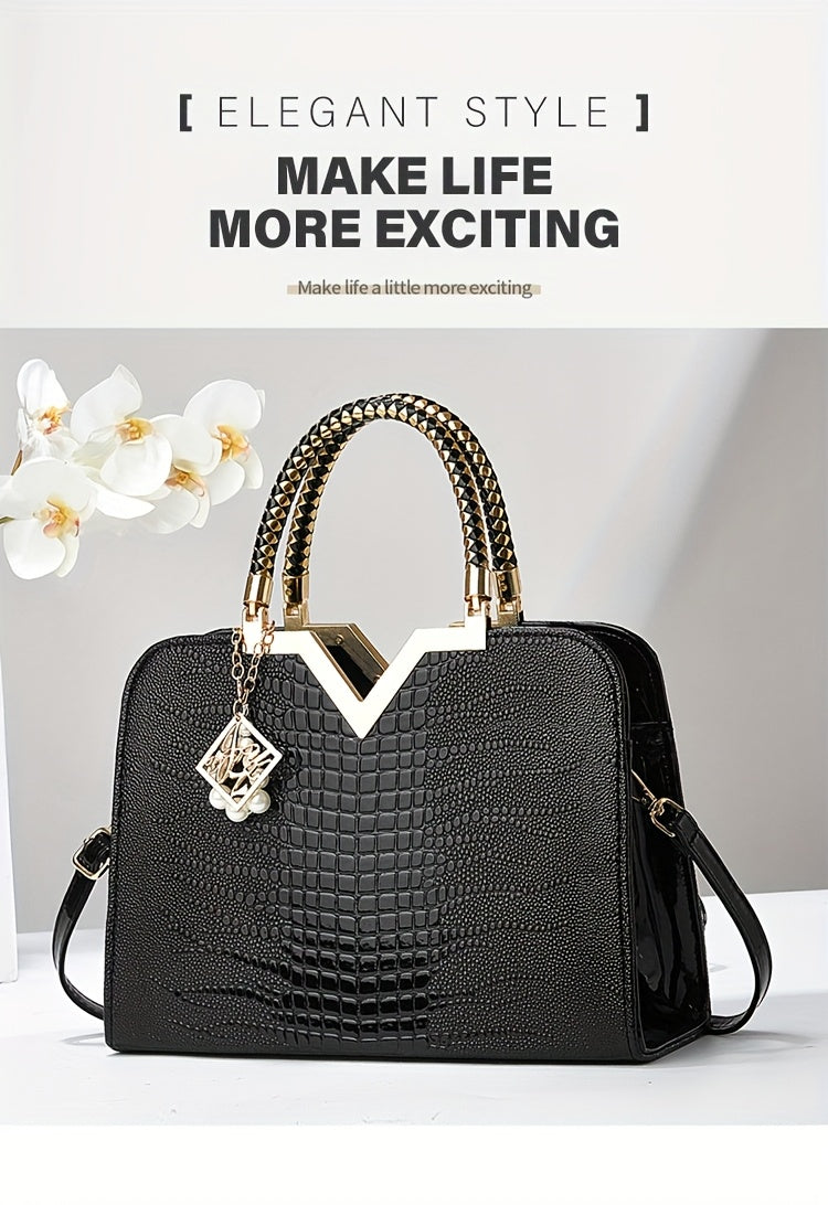 [Stylish Crocodile Bag] Stylish Crocodile Texture Eonothem Women's Handbag | Black Polyester Multi-Compartment Shoulder Bag with Golden-Tone Hardware, Detachable Chain Strap, and Decorative Charm - Perfect for Everyday Use or