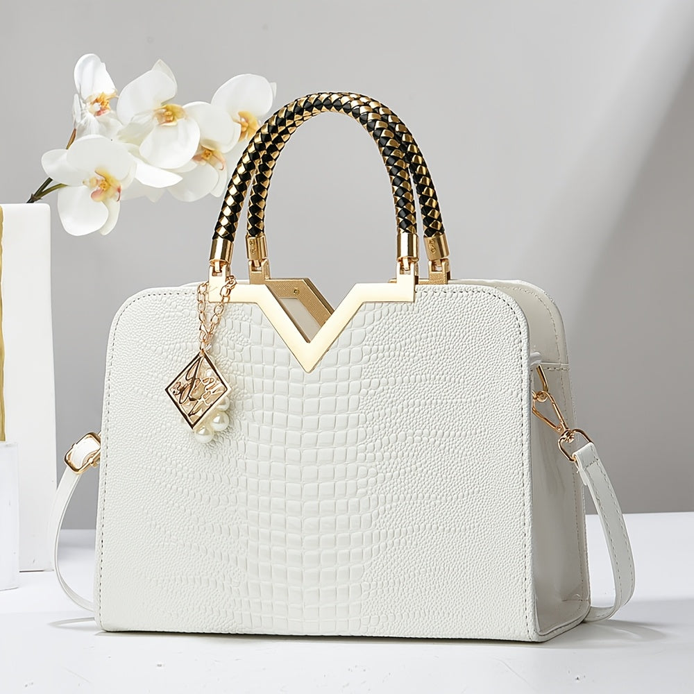 [Stylish Crocodile Bag] Stylish Crocodile Texture Eonothem Women's Handbag | Black Polyester Multi-Compartment Shoulder Bag with Golden-Tone Hardware, Detachable Chain Strap, and Decorative Charm - Perfect for Everyday Use or