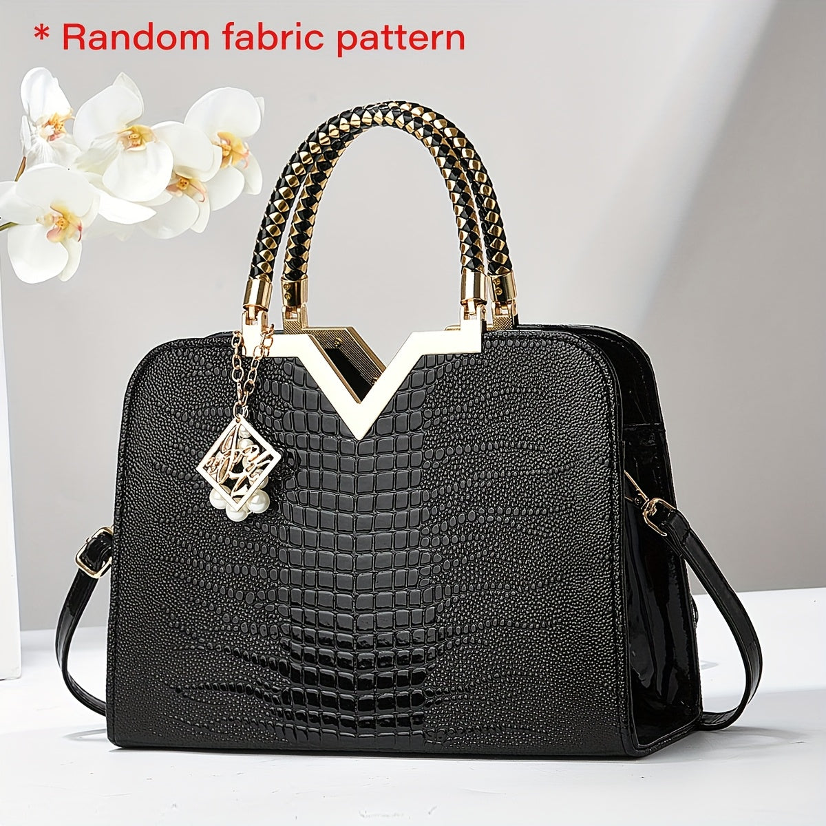 [Stylish Crocodile Bag] Stylish Crocodile Texture Eonothem Women's Handbag | Black Polyester Multi-Compartment Shoulder Bag with Golden-Tone Hardware, Detachable Chain Strap, and Decorative Charm - Perfect for Everyday Use or