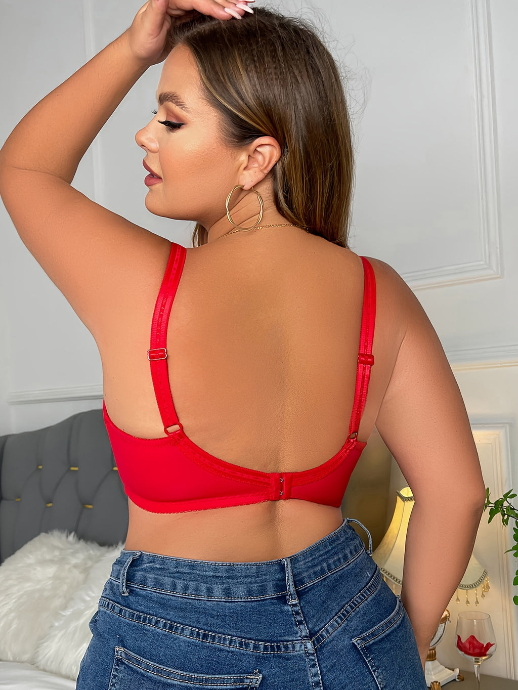 [Solid Plus Bra] Sexy Plus Size Bra | Women's Solid Contrast Lace Floral Trim Medium Stretch Comfort Bra