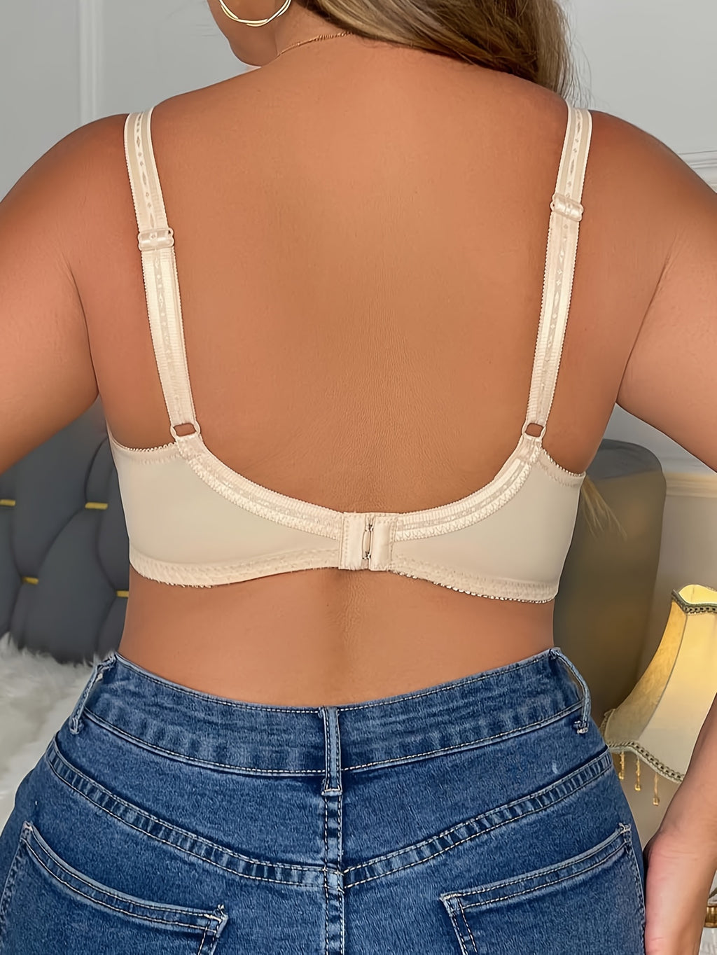 [Solid Plus Bra] Sexy Plus Size Bra | Women's Solid Contrast Lace Floral Trim Medium Stretch Comfort Bra