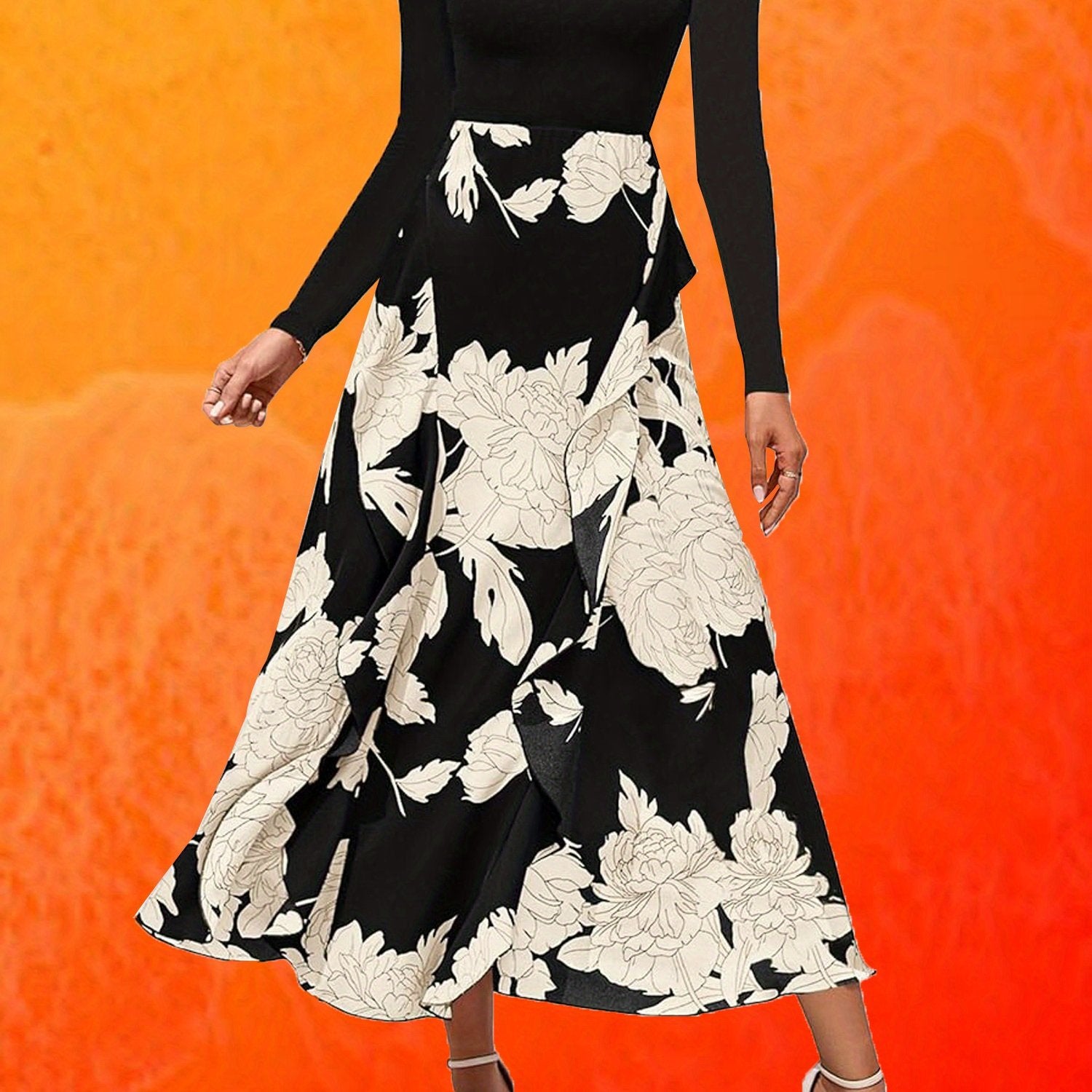 Women Dress, Long Dress, Elegant Dress, Flower Print Maxi Dress, Crewneck Long Sleeve Dresses