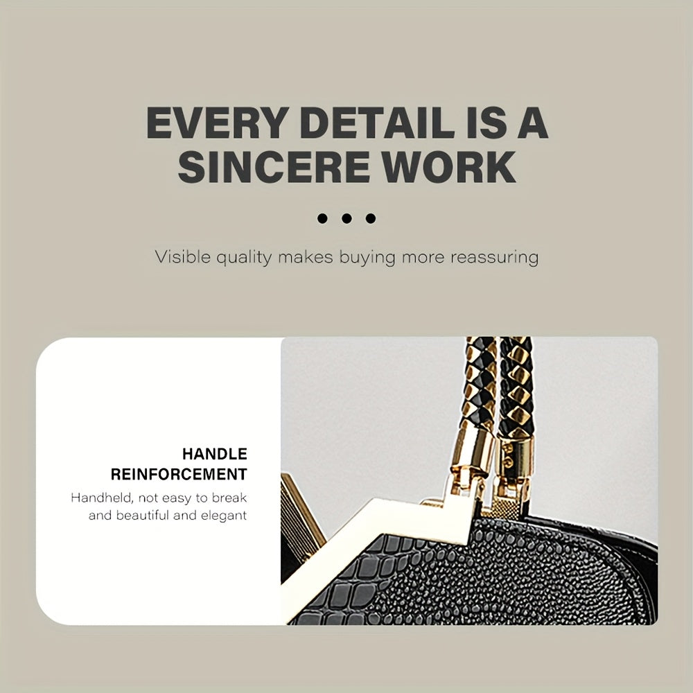 [Stylish Crocodile Bag] Stylish Crocodile Texture Eonothem Women's Handbag | Black Polyester Multi-Compartment Shoulder Bag with Golden-Tone Hardware, Detachable Chain Strap, and Decorative Charm - Perfect for Everyday Use or