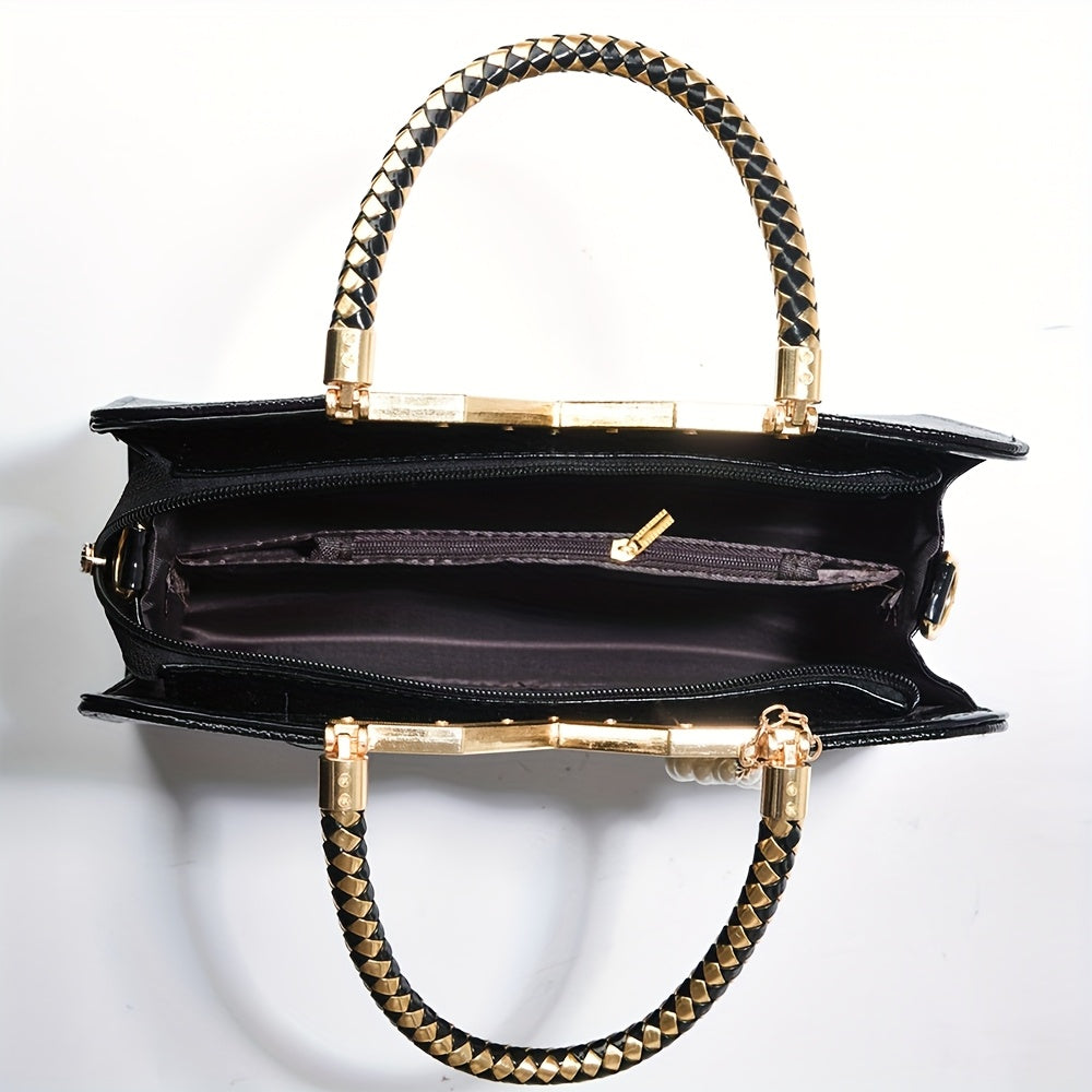 [Stylish Crocodile Bag] Stylish Crocodile Texture Eonothem Women's Handbag | Black Polyester Multi-Compartment Shoulder Bag with Golden-Tone Hardware, Detachable Chain Strap, and Decorative Charm - Perfect for Everyday Use or